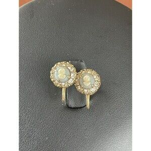 VTG Screw Back Cameo Earring Blue White Dainty Elegant Stamped On Back